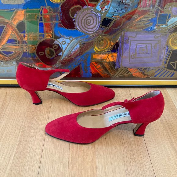Luca Luca Classic Red Suede Mary Jane Spool Heel Pumps EU38.5 Button Strap Italy - Picture 6 of 16